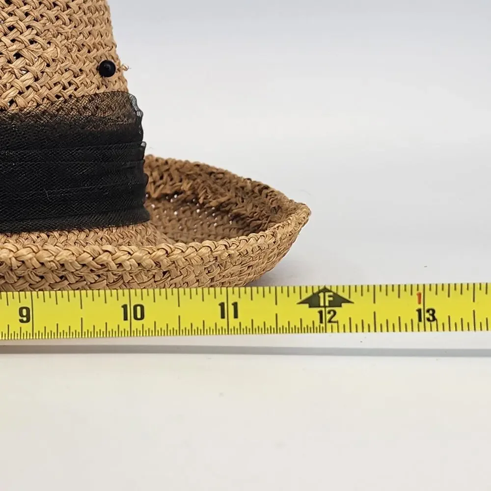 Eric Javits Luxury Squishee Sun Hat Beige Packable Woven Rose Brim Hatpin Vtg - Picture 14 of 14